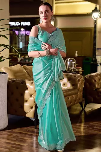 Turquoise woven design poly chiffon designer saree