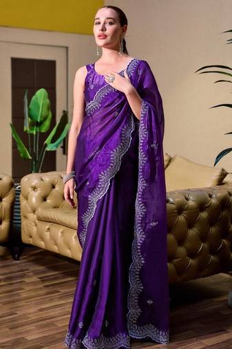 Violet floral embroidered chiffon saree with unstitched blouse piece