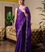 Violet floral embroidered chiffon saree with unstitched blouse piece