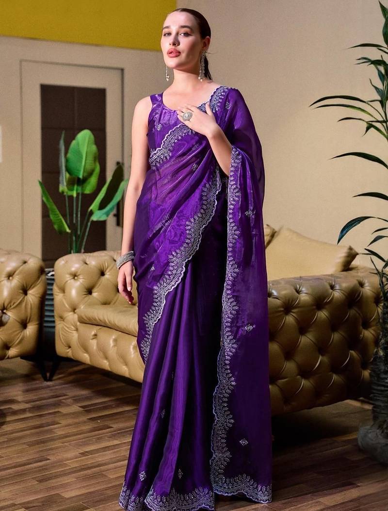 Violet floral embroidered chiffon saree with unstitched blouse piece