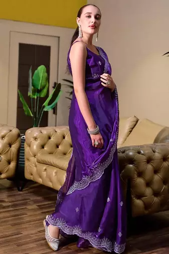 Violet floral embroidered chiffon saree with unstitched blouse piece