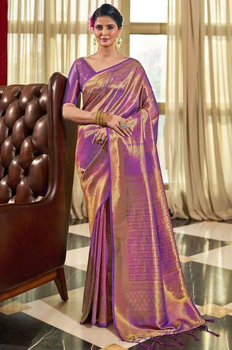 Purple ethnic motifs woven design zari saree