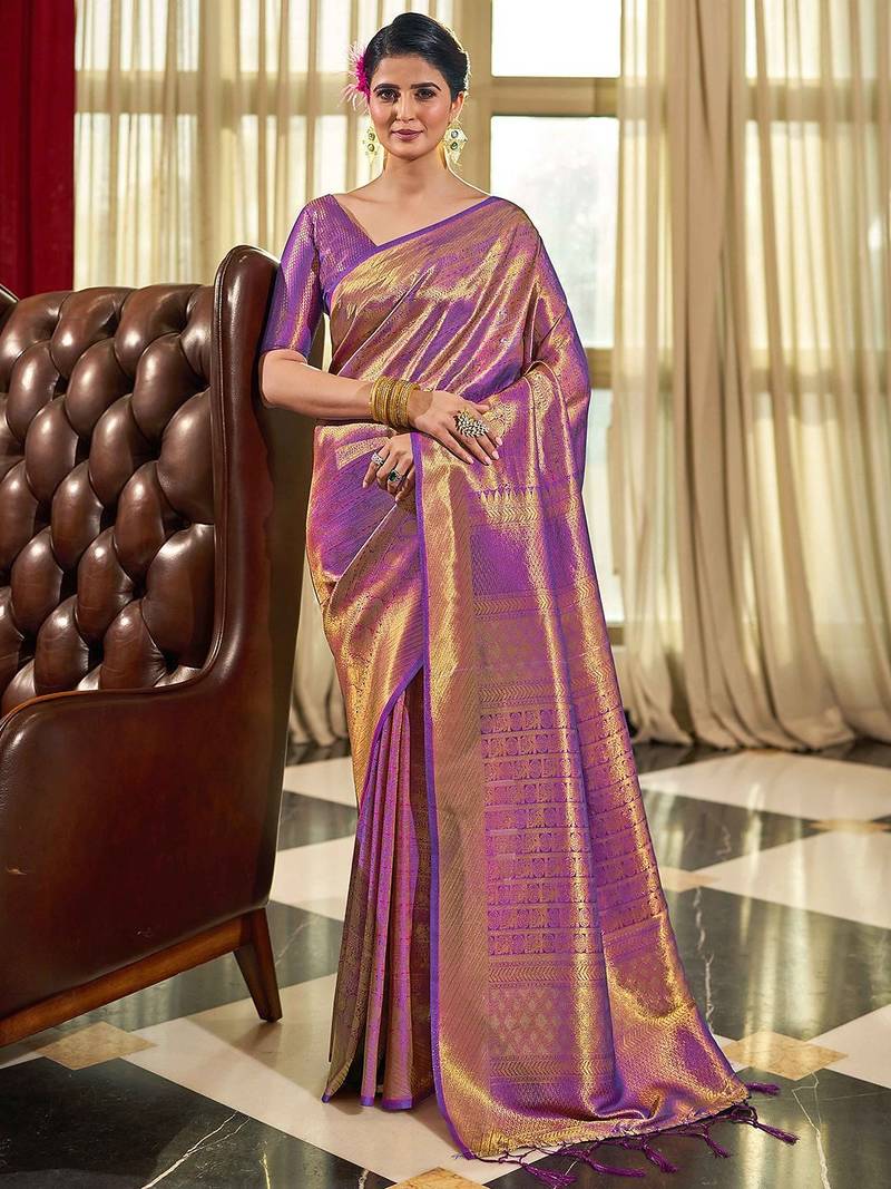 Purple ethnic motifs woven design zari saree