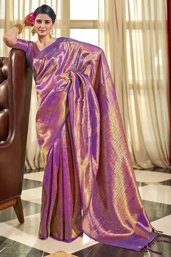 Purple ethnic motifs woven design zari saree