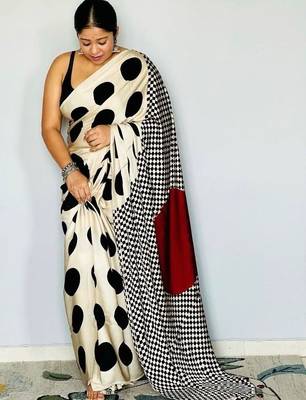 Off white polka dot satin designer block print saree 1