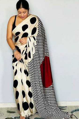 Off white polka dot satin designer block print saree