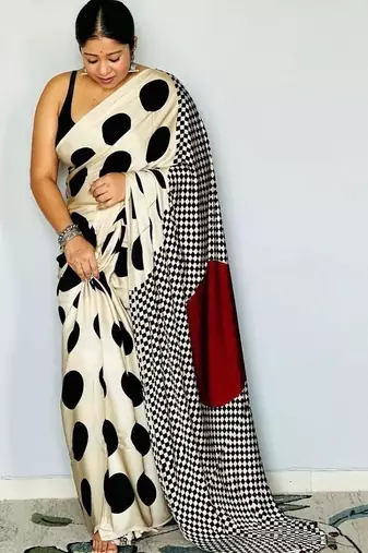 Off white polka dot satin designer block print saree