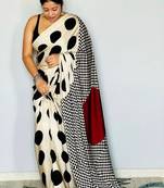 Off white polka dot satin designer block print saree