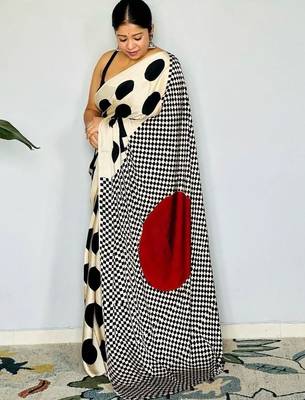 Off white polka dot satin designer block print saree 2