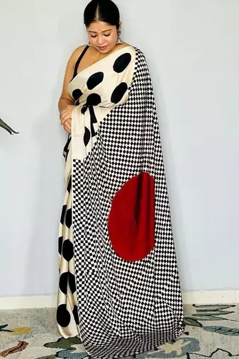 Off white polka dot satin designer block print saree