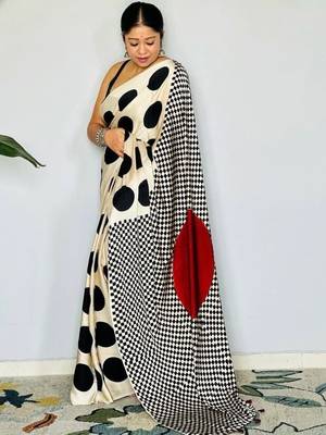 Off white polka dot satin designer block print saree 3