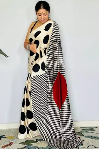 Off white polka dot satin designer block print saree