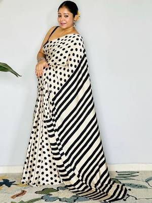Off white polka dot satin block print saree 1