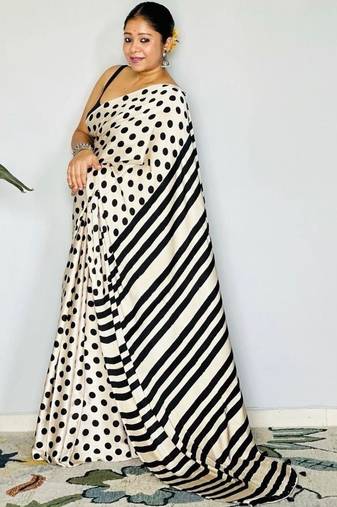 Off white polka dot satin block print saree
