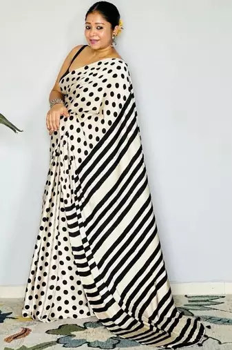Off white polka dot satin block print saree