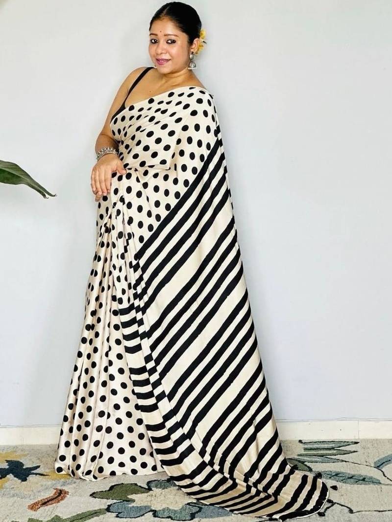 Off white polka dot satin block print saree