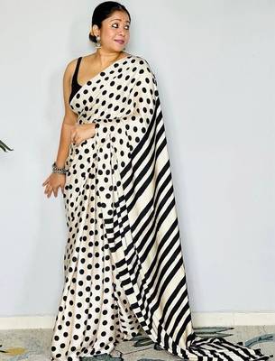 Off white polka dot satin block print saree 2