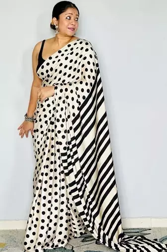 Off white polka dot satin block print saree