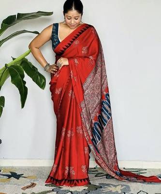 Rust floral satin block print saree 1