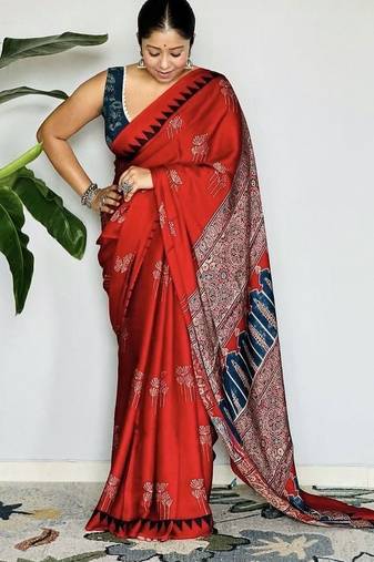 Rust floral satin block print saree