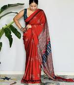 Rust floral satin block print saree