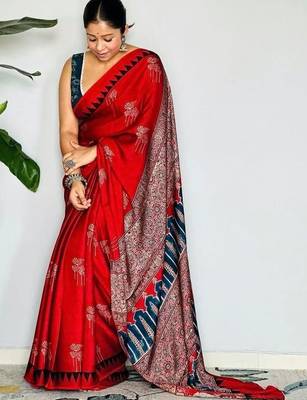 Rust floral satin block print saree 2