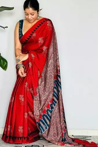 Rust floral satin block print saree