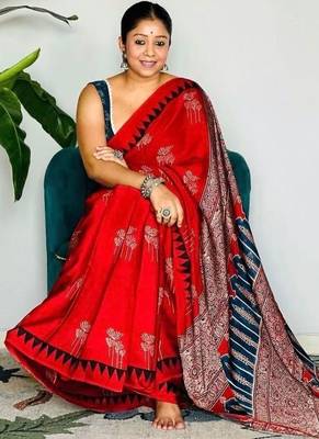 Rust floral satin block print saree 3