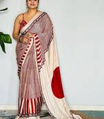 Cream striped satin block print saree