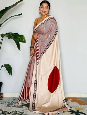 Cream striped satin block print saree 2