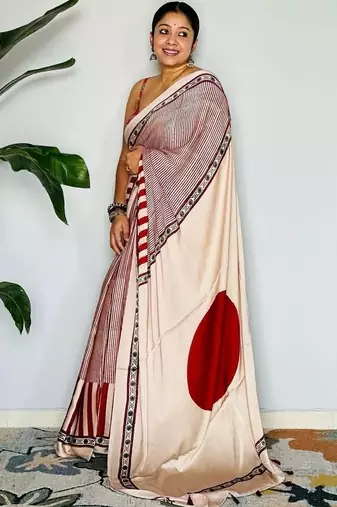 Cream striped satin block print saree