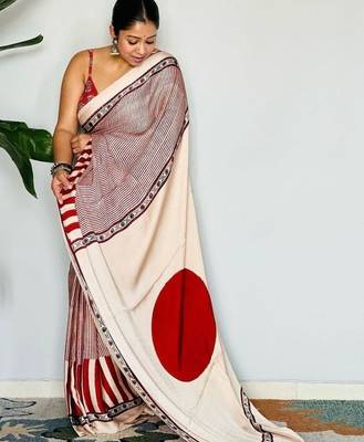 Cream striped satin block print saree 3