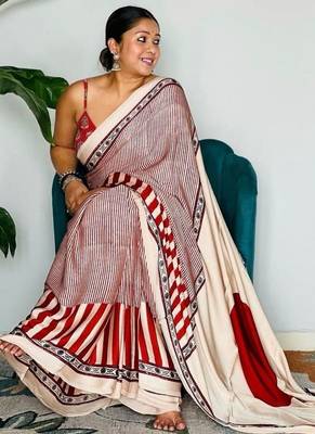 Cream striped satin block print saree 4