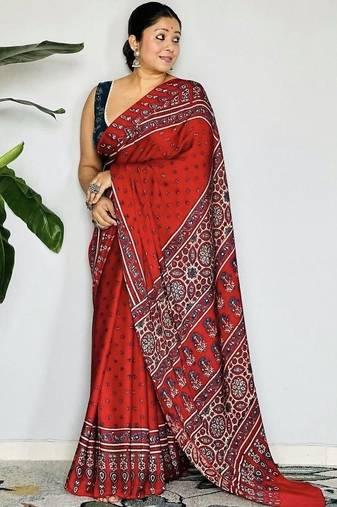Red ethnic motifs satin block print saree