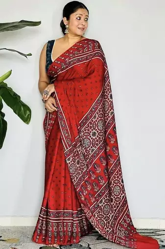 Red ethnic motifs satin block print saree