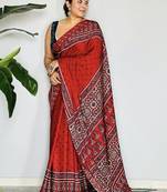 Red ethnic motifs satin block print saree