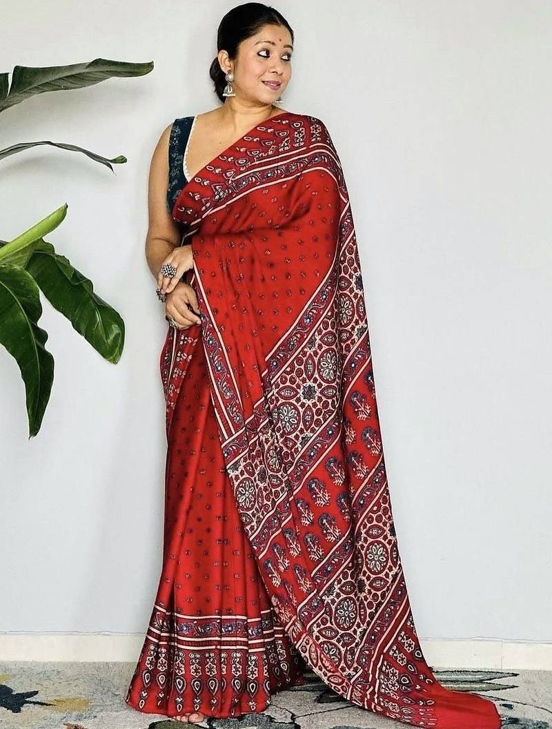 Red ethnic motifs satin block print saree