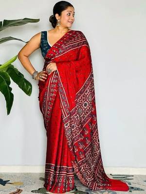Red ethnic motifs satin block print saree 2