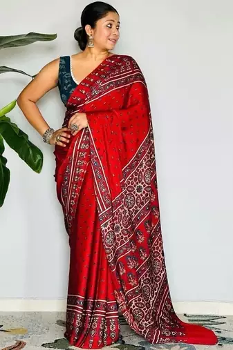 Red ethnic motifs satin block print saree