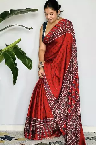 Red ethnic motifs satin block print saree