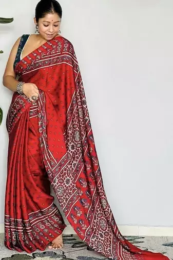 Red ethnic motifs satin block print saree