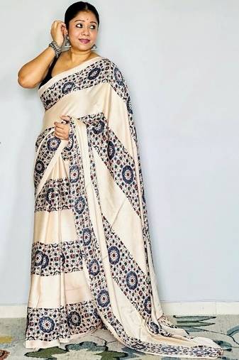 Cream ethnic motifs satin block print saree