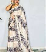 Cream ethnic motifs satin block print saree