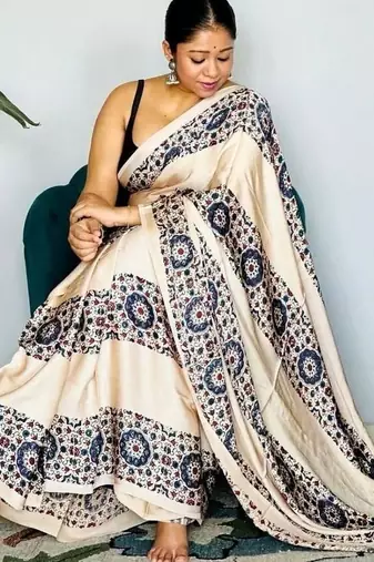 Cream ethnic motifs satin block print saree