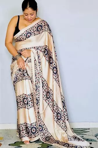Cream ethnic motifs satin block print saree