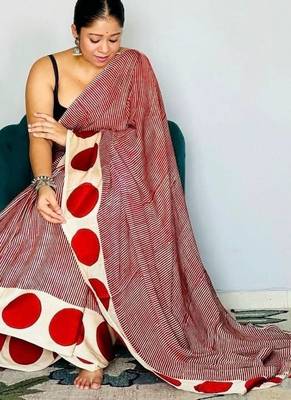 Red striped satin block print saree 1
