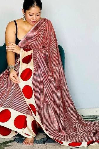 Red striped satin block print saree