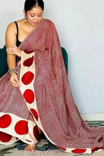 Red striped satin block print saree