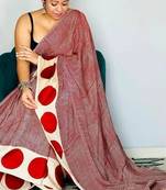 Red striped satin block print saree
