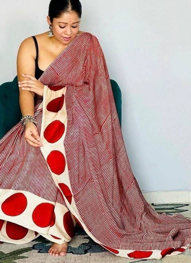 Red striped satin block print saree